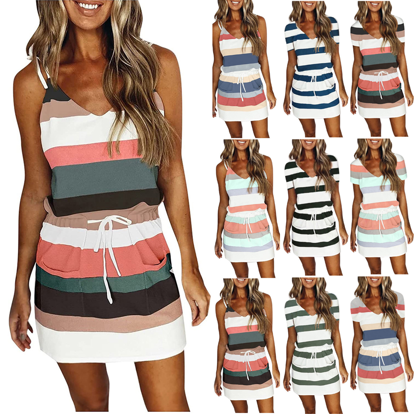 Isvgxsz Items for Women Casual V-Neck Sleeveless Bandage Stripe Printing Loose Vest Sling Dress Lightweight Blue